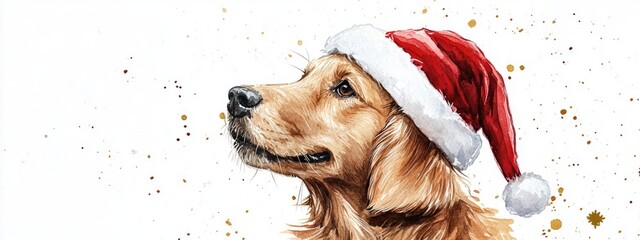 Wall Mural - Cute dog wearing a Christmas cap hand painted watercolor illustration