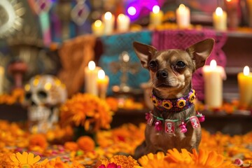 Chihuahua with a decorative collar and marigolds, sitting before a colorful Dia de los Muertos altar with candles and skulls. ai