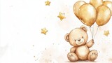 Adorable cartoon teddy bear accompanied by golden foil balloons on strings Hand painted watercolor illustration suitable for baby celebrations designers and prints