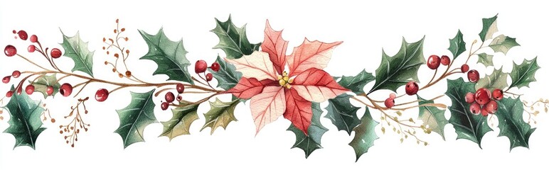 Wall Mural - Christmas botanical illustration featuring watercolor flowers and leaves Hand painted clipart for festive decor