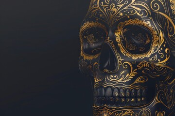 Wall Mural - Black skull with gold filigree patterns, set against a dark background, representing luxury and intricate Day of the Dead craftsmanship. ai