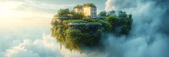 Wall Mural - Futuristic floating farm where crops grow on suspended platforms nourished by holographic sunlight and artificial rain clouds on a plain light blue background