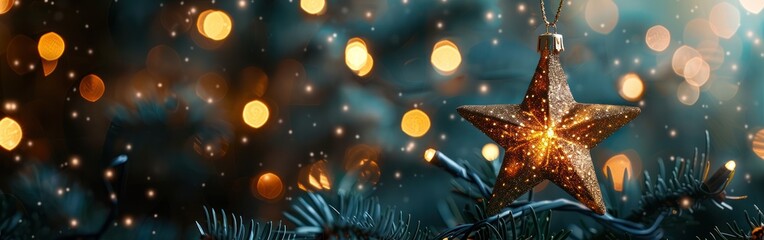 Wall Mural - Golden Starry Night: Festive Christmas Decoration Banner with Glowing Lights and Bokeh