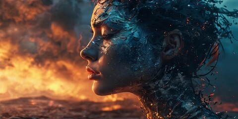 Wall Mural - A woman with a face made of water and fire