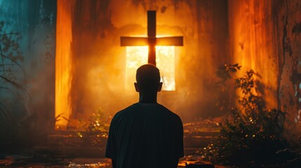 Devout Man Praying in Front of Cross - Spiritual Copy Space