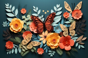 Wall Mural - Design paper cut outs of butterfly and flowers