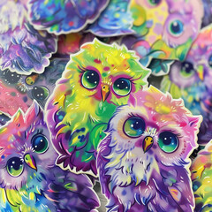 Wall Mural - owl cute colorful illustration cartoon stickers vibrant art night bird fantasy fantasy art design kawaii nature hand drawn digital art decorative animal 