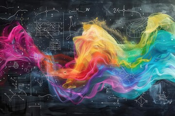 Poster - Vibrant chalk strokes swirl across a chalkboard, interwoven with scientific formulas and diagrams, creating a dynamic educational backdrop. Generative AI