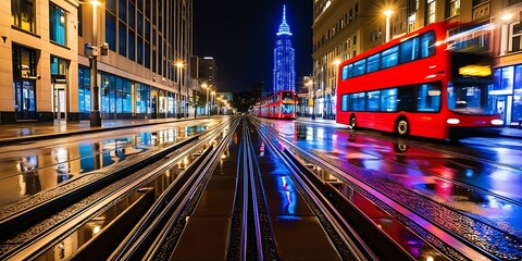 An engaging nighttime urban scene capturing a red tram speeding along wet city streets. The rain-soaked surface brilliantly reflects the city's neon lights, highlighting the city's vibrance and energ 