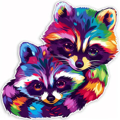 Canvas Print - raccoon colorful art digital illustration animal wildlife vibrant cute duo pair rainbow neon bright artwork decorative modern contemporary creative artistic 