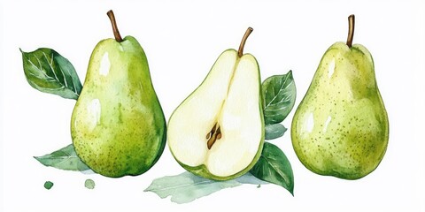 Wall Mural - Cut green pear isolated on white background Watercolor illustration