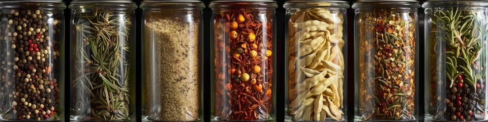 Canvas Print - Collection of glass jars containing various spices and herbs