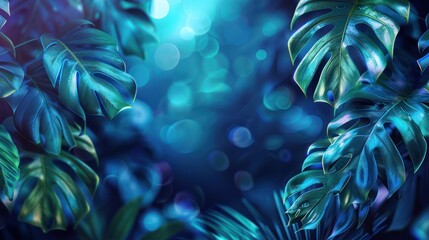 Tropical Neon: Green and Blue Lights Amidst Vibrant Leaves