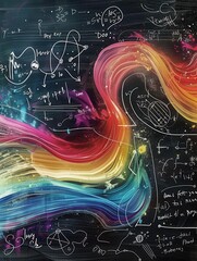 Leinwandbilder - Colorful chalk strokes create flowing waves on a chalkboard, seamlessly blending with scientific diagrams and formulas, inspiring an artistic learning environment. Generative AI