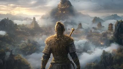 Wall Mural - back side, golden stick in the hero's hand holding behind the back, facing the giant evil boss, commercial game poster cover, chinese myth of sun wukong,