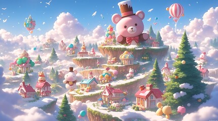 Wall Mural - Hidden valley where the mountains are made of candy and chocolate with rivers of molten caramel and candy cane trees on a plain pastel background