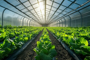 Poster - Rows of Green Lettuce Plants Growing in a Greenhouse