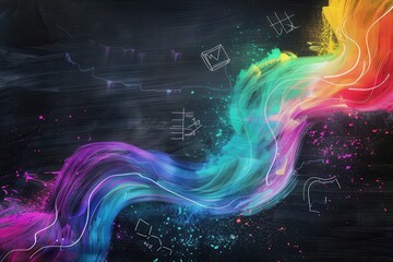 Leinwandbilder - Vibrant chalk strokes form sweeping waves on a blackboard, blending artistic colors with subtle scientific formulas and diagrams. Generative AI