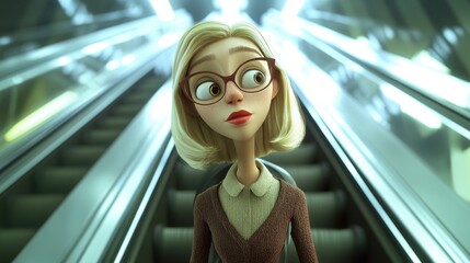 Wall Mural - 3D Cartoon of a Blonde Woman in Glasses Riding an Escalator