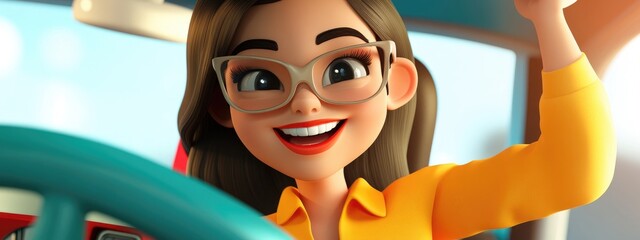 3D cartoon of a cheerful young woman steering a vehicle