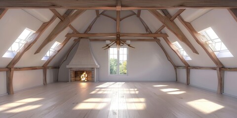 Poster - Empty loft room with fireplace and wooden beams