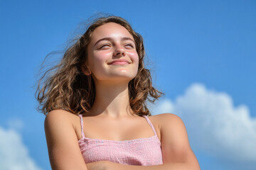 Wall Mural - Germany woman smile enjoying sun during summer vacation, mental health