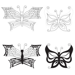 Simple butterflies. Small set in two styles, doodle and silhouette. Vector illustration isolated on white background.