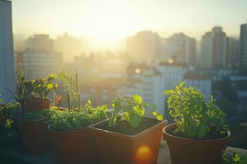 Sticker - Potted Plants on a Rooftop at Sunset with a City Skyline in the Background