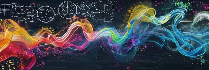 Leinwandbilder - Vibrant chalk strokes create beautiful waves, while scientific formulas and diagrams blend seamlessly into the colorful chalkboard background. Generative AI