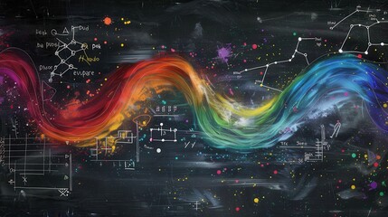 Leinwandbilder - A chalkboard showcases sweeping, colorful waves with integrated scientific formulas and diagrams, blending art and education in a creative space. Generative AI
