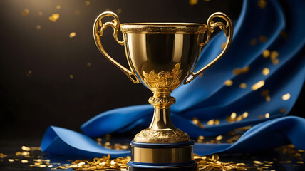 Shiny golden trophy blue ribbon scattered confetti victory winning honor background