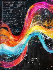 Leinwandbilder - Colorful chalk strokes create sweeping waves on a chalkboard, intertwined with subtle scientific formulas and diagrams, enhancing the educational atmosphere. Generative AI