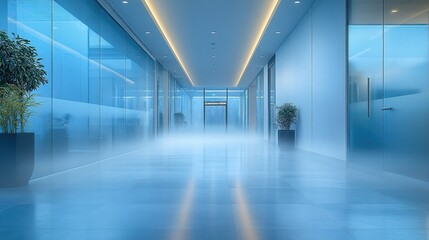 Wall Mural - Modern Office Hallway with Blue Glass Walls