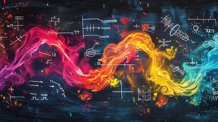 Leinwandbilder - A vibrant chalkboard background displays sweeping chalk waves with subtle scientific formulas and diagrams blending into the colorful design. Generative AI