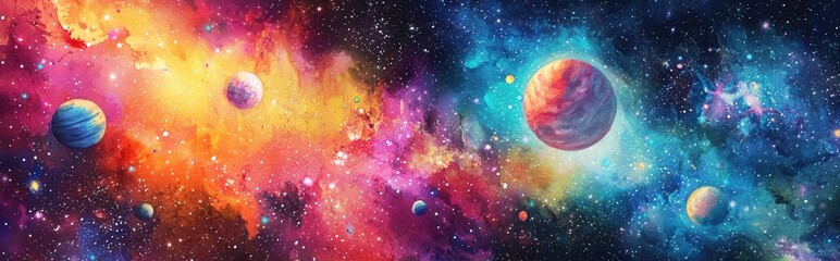 Colorful watercolor illustration depicting a cosmic scene with stars planets and meteorites within a vibrant space background