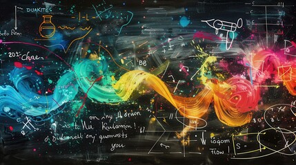 Leinwandbilder - Vibrant chalk strokes blend into scientific diagrams and formulas on a chalkboard background, showcasing creativity and education in a lively setting. Generative AI