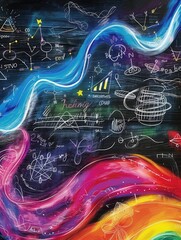 Leinwandbilder - A colorful chalkboard showcases sweeping waves of chalk strokes intertwined with scientific formulas and diagrams, embodying a creative learning atmosphere. Generative AI