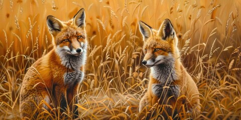 Wall Mural - Red foxes in countryside fields