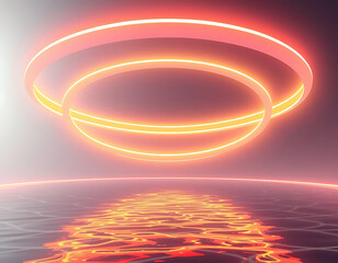 Wall Mural - 3D Floating Concentric Circles with Pulsating Neon Lights, Hovering Over a Deep, Reflective Liquid Surface