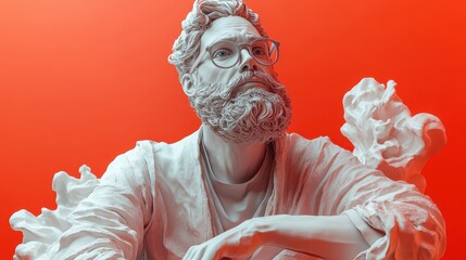 White Statue of Man with Glasses and Beard on Red Background