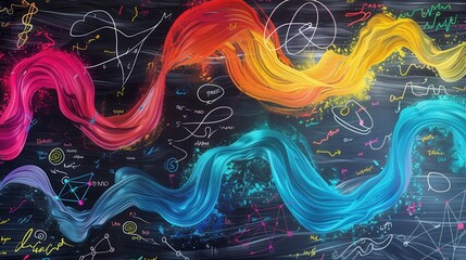 Leinwandbilder - Colorful chalk strokes form waves on a chalkboard, seamlessly integrating scientific formulas and diagrams into an engaging learning environment. Generative AI