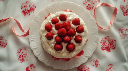 A photo of white cake with fresh strawberries on the top of the cake. Food photography studio concept, wedding cake idea, cake decoration.