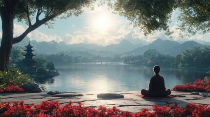 Sticker - Peaceful Meditation by the Lake with Mountain View and Pagoda