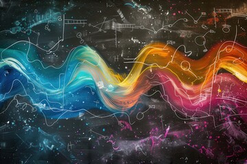 Leinwandbilder - Vibrant chalk waves blend with scientific diagrams, creating an engaging educational backdrop filled with creativity and knowledge. Generative AI
