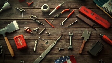 Tools and Accessories on a Wooden Table