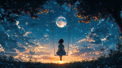 Sticker - Girl on Swing Under Starry Night Sky with Moon and Sunset Clouds