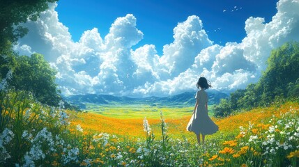 Canvas Print - Woman in White Dress Standing in a Field of Flowers with a Blue Sky and White Clouds