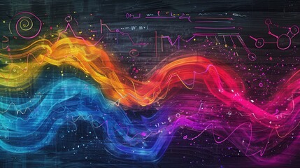 Leinwandbilder - A dynamic chalkboard display showcases colorful waves of chalk strokes intermingled with scientific formulas and diagrams, enhancing the learning environment. Generative AI