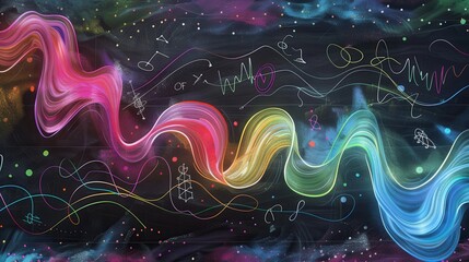 Leinwandbilder - A vibrant chalkboard displays sweeping waves of color adorned with scientific formulas and diagrams, blending education with artistic expression. Generative AI