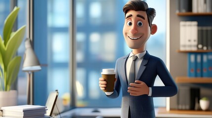 Wall Mural - 3D cartoon of a man in a suit holding a coffee cup while standing by an office window